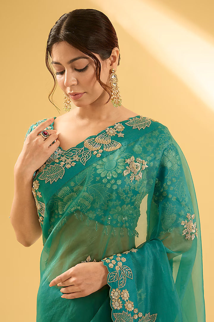 Sea Blue Organza Sequins Work Saree Set