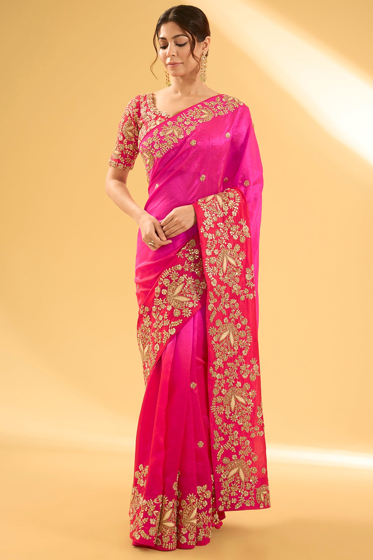 Red & Rani Pink Kora Silk Gota Work Saree Set